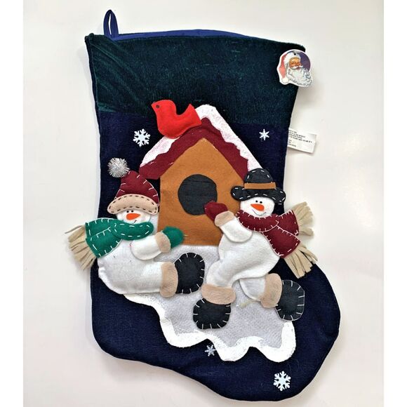 Velveteen 3D Snowman Christmas Stocking Birdhouse Cardinal Holiday 18 Inch - Picture 1 of 4